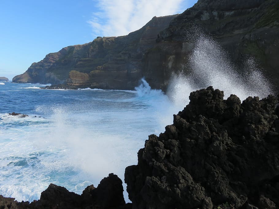 Wave, Surf, Crash, Spray, Coast, cliff, volcanic rock, ocean HD wallpaper