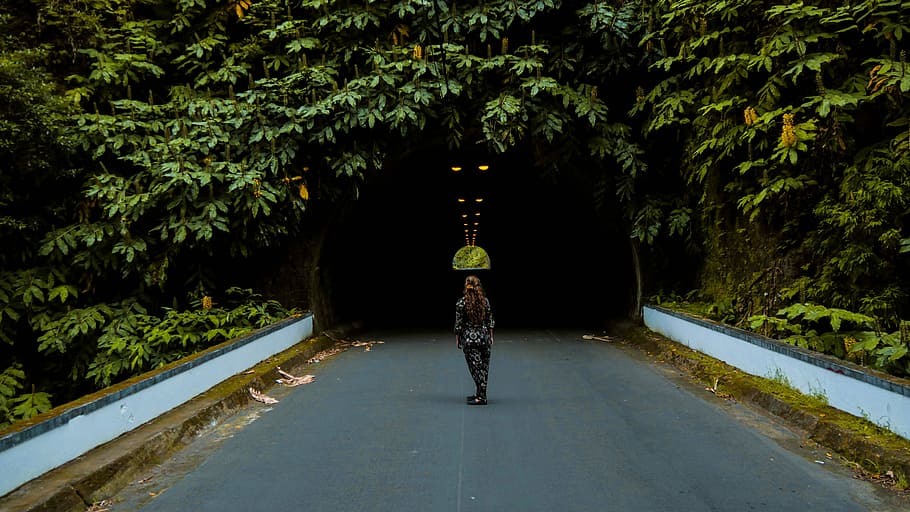 Tunnel magic, woman standing on pathway in front of tunnel, road HD wallpaper