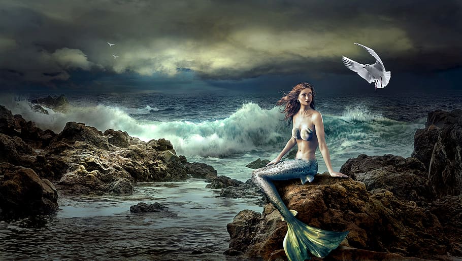 blue mermaid sitting on brown rock painting, fantasy, mystical