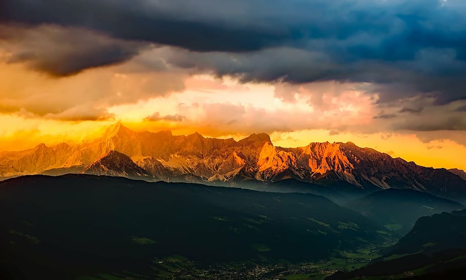 landscape photography of mountain under cloudy sky, austria HD wallpaper