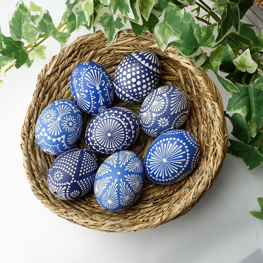 blue-and-white washi egg ornaments placed on oval wicker basket HD wallpaper