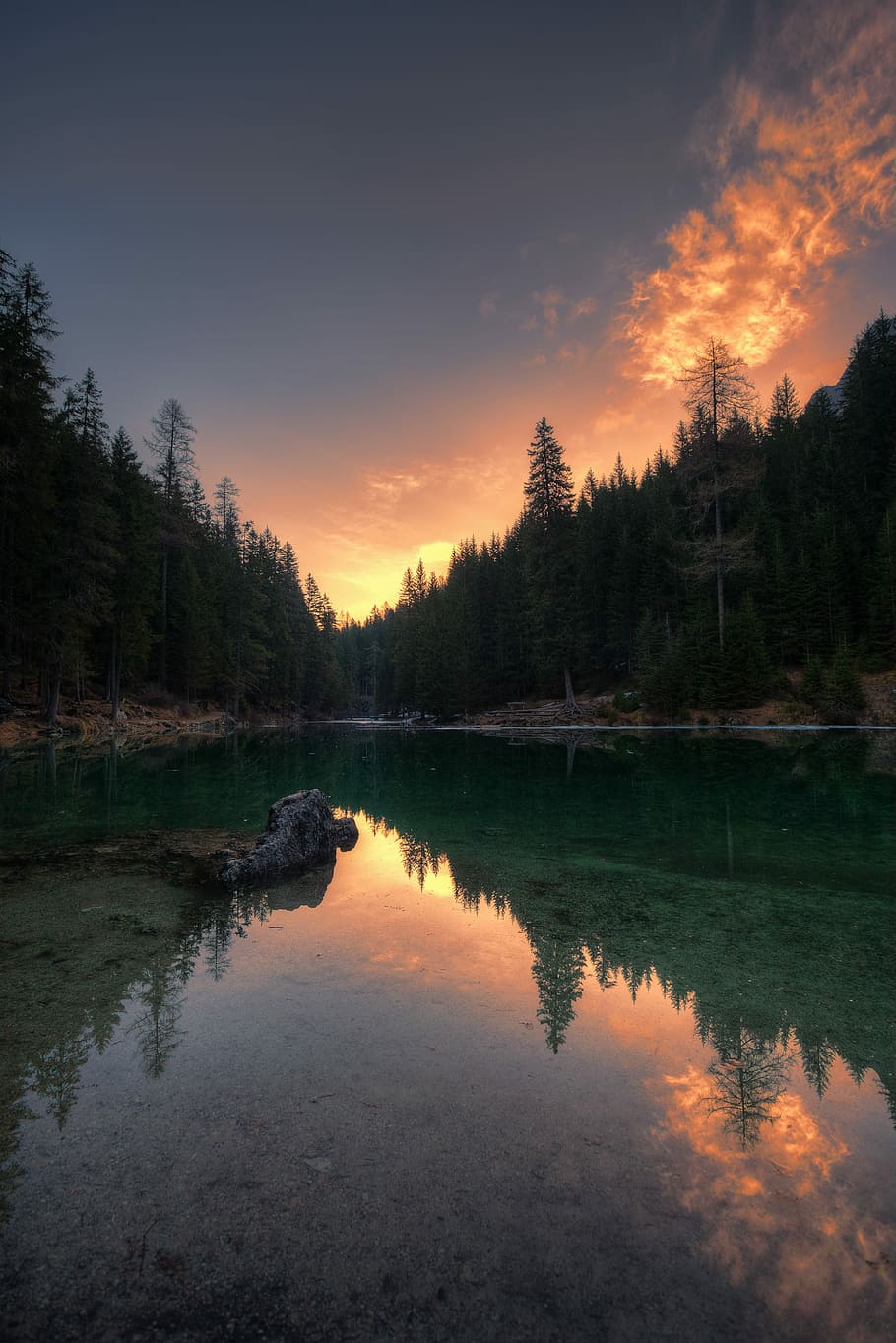 body of water in between trees, calm river in middle of forest under orange and gray sky HD wallpaper