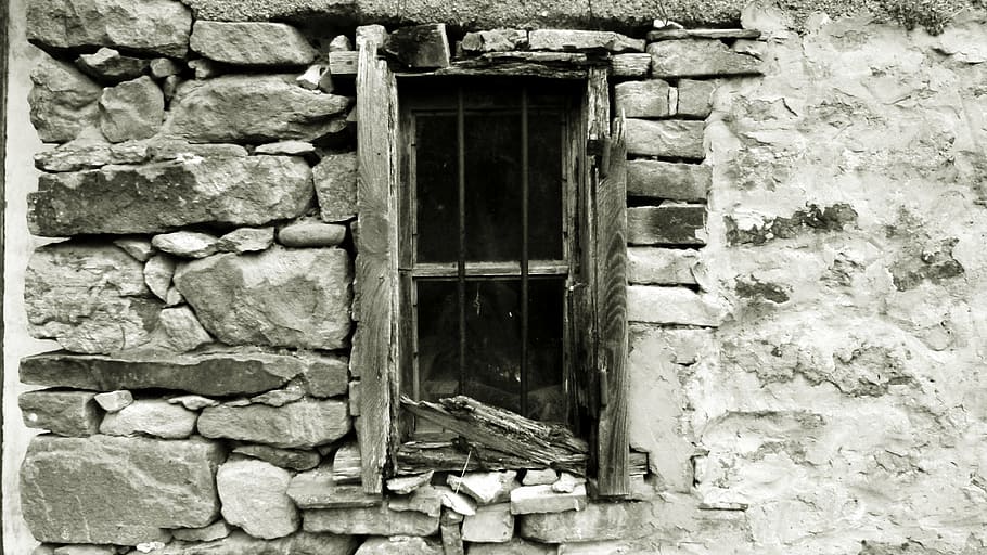 window, ruined, old, brick, black, white, built structure, architecture HD wallpaper