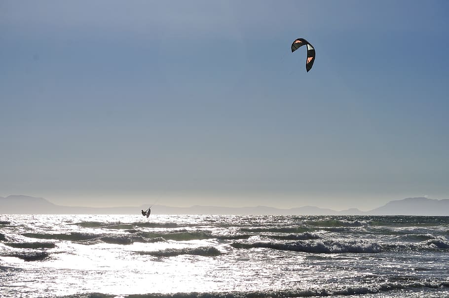 Kite Surfer, Sea, Sun Light, Beach, Air, horizon, haze, glare, HD wallpaper