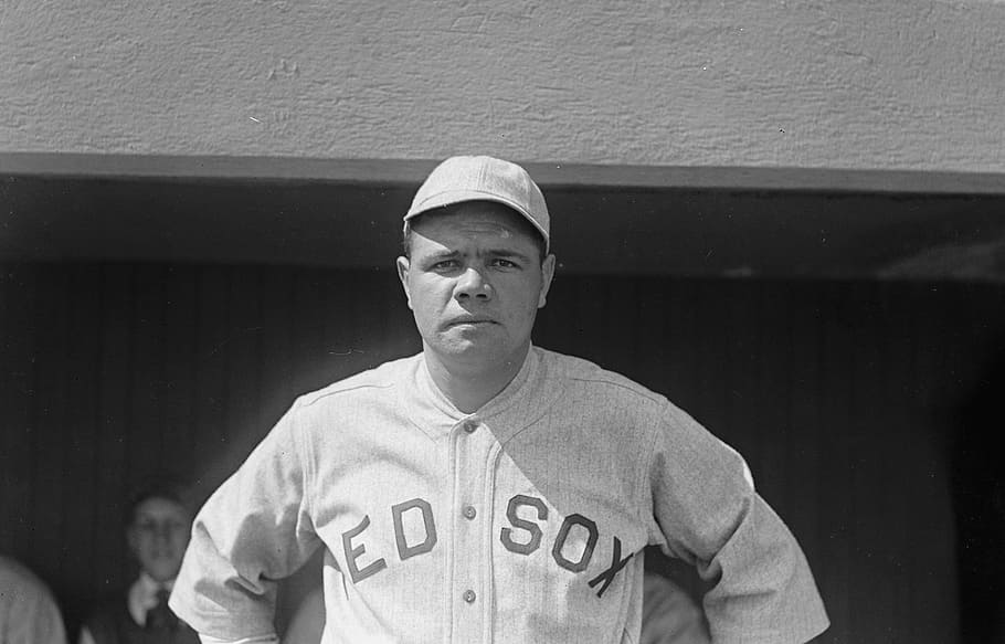 grayscale photo of Boston Red Sox player, vintage, babe ruth