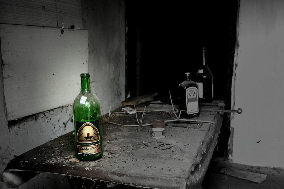 table, glass, abandoned, old, red wine, bottle, container, indoors HD wallpaper