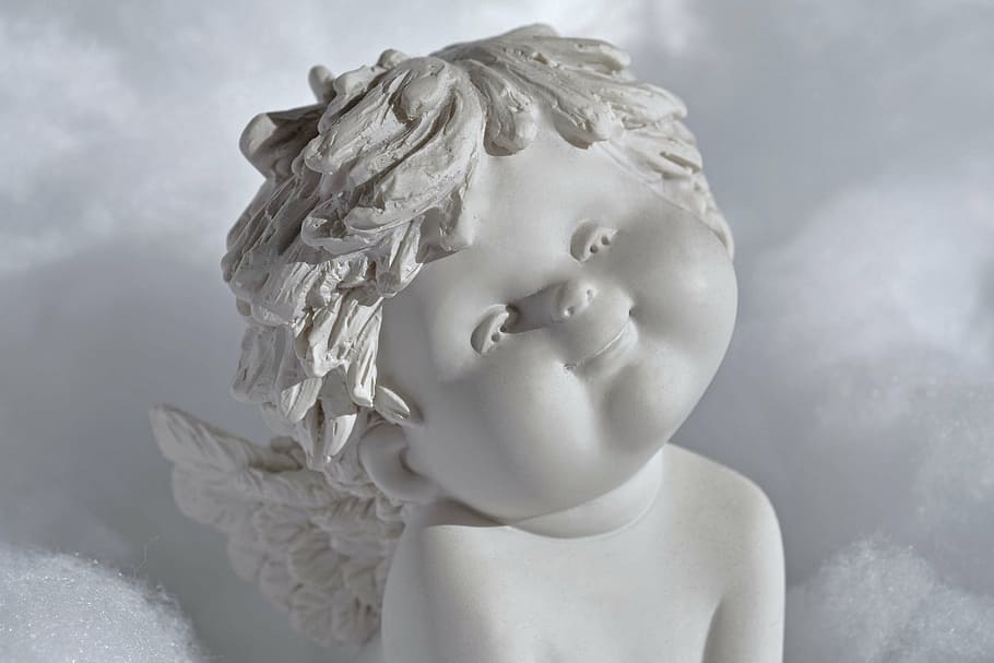 shallow focus photography of angel figurine, wing, white, sky HD wallpaper