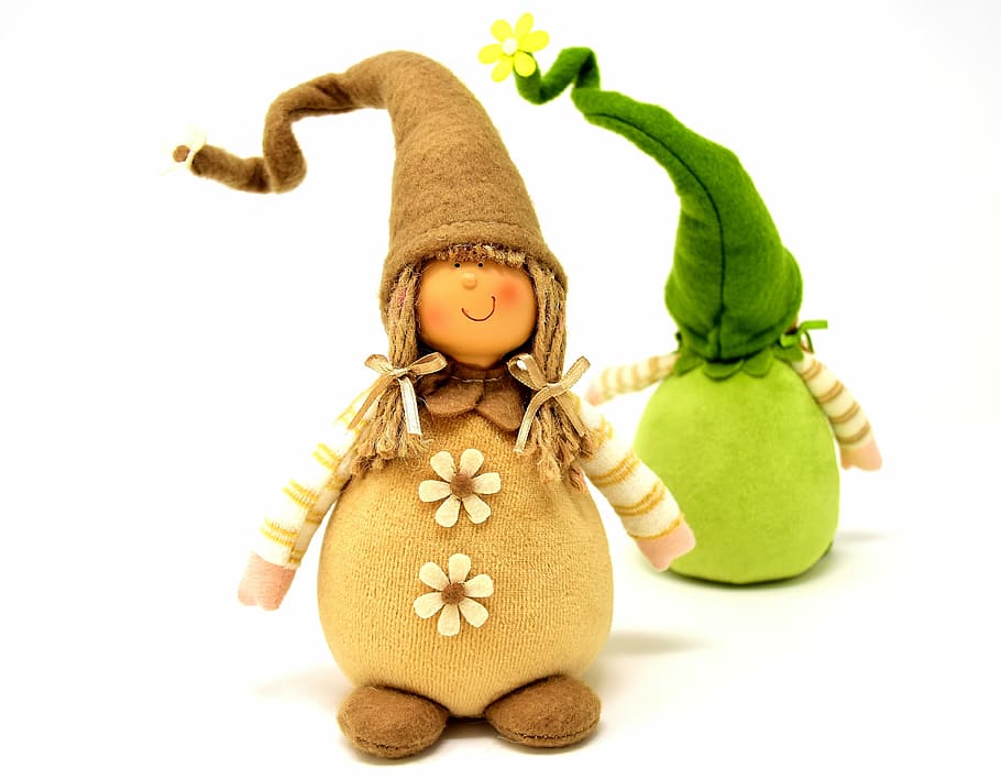 two green and brown gnome suits plush toys, imp, spring imp HD wallpaper
