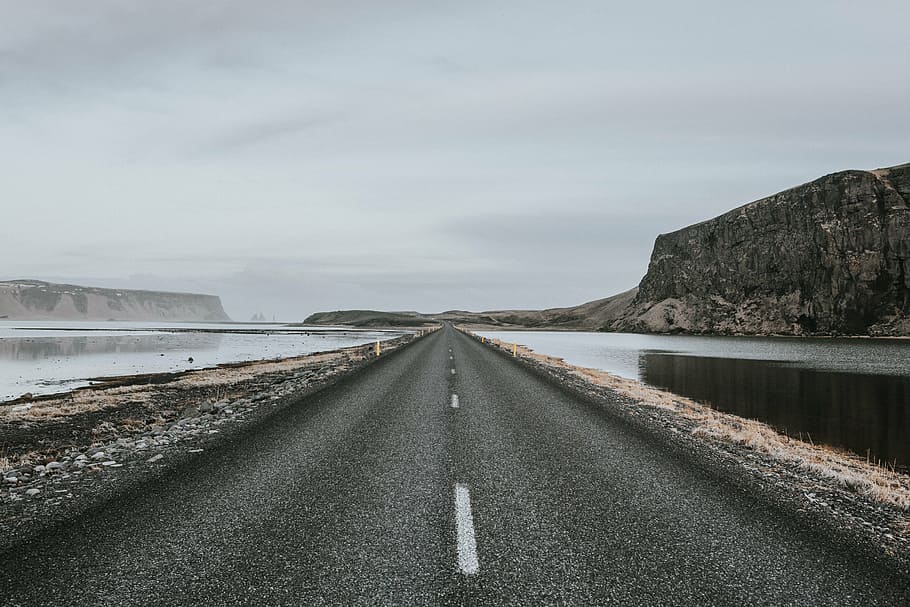 asphalt road near body of water and mountain, path, highland HD wallpaper