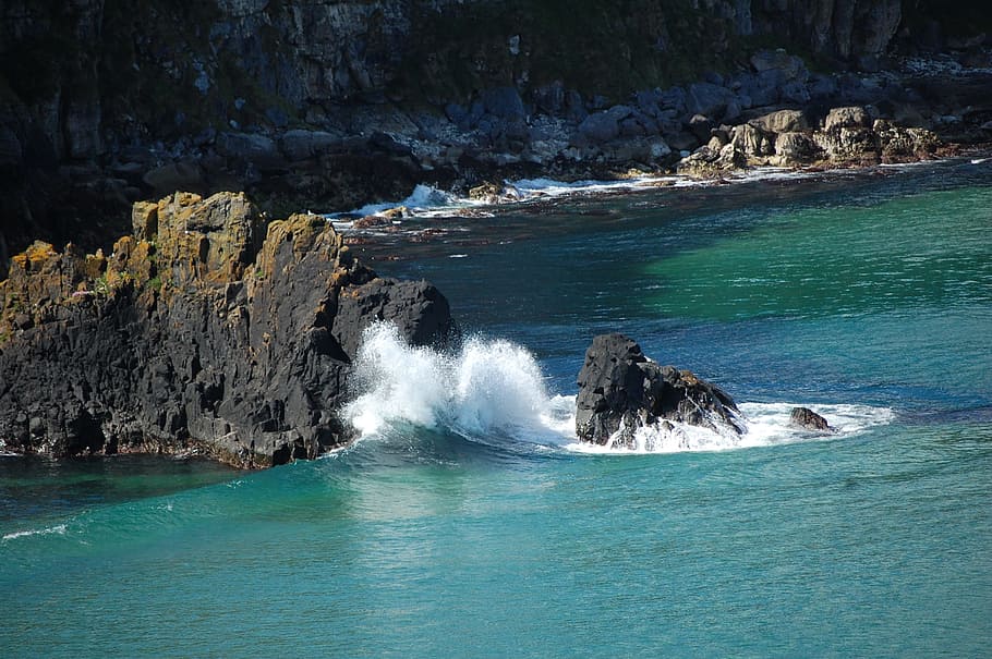 antrim coast, northern ireland, rocks, water, sea, landscape, HD wallpaper