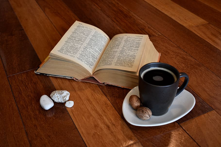 book, old book, reading, paper, old paper, rustic, coffee, mug