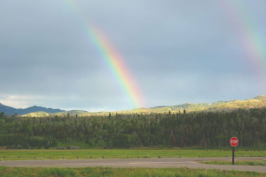 Double Rainbow, Mountains, two, colorful, sky, horizon, light HD wallpaper