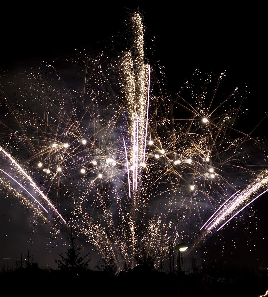 yellow fireworks display, new, year, holiday, celebration, black HD wallpaper