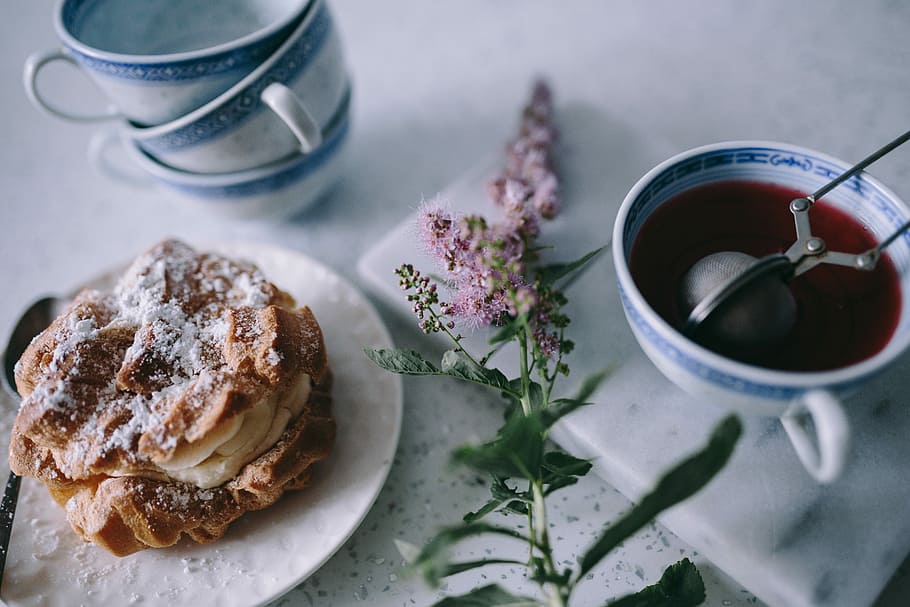 Coffee, Tee, and Cream Puffs, tea, cup, cake, sweet, cup of tea HD wallpaper