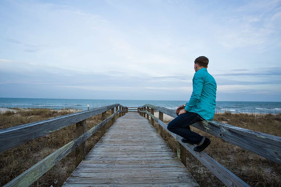 beach, boardwalk, grass, landscape, leisure, man, ocean, outdoors HD wallpaper