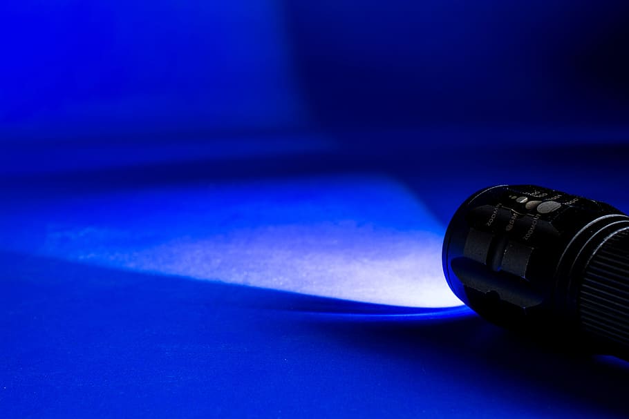 turned-on flashlight, Light Cone, Glow, blue, illuminated, night HD wallpaper