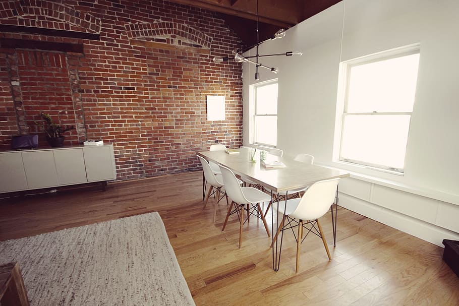vacant white and brown wooden dining set near window, office HD wallpaper