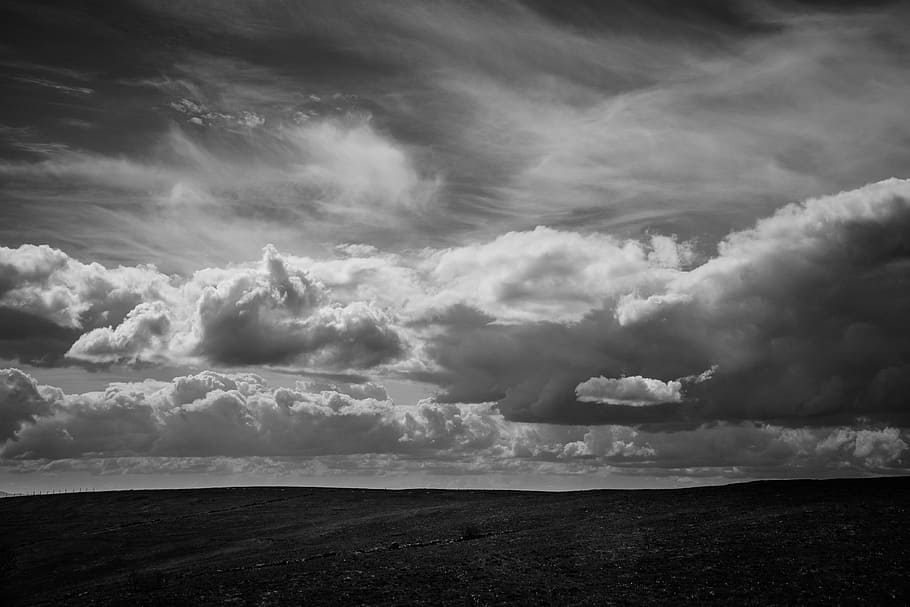 black-and-white, clouds, dark, field, landscape, nature, outdoors HD wallpaper