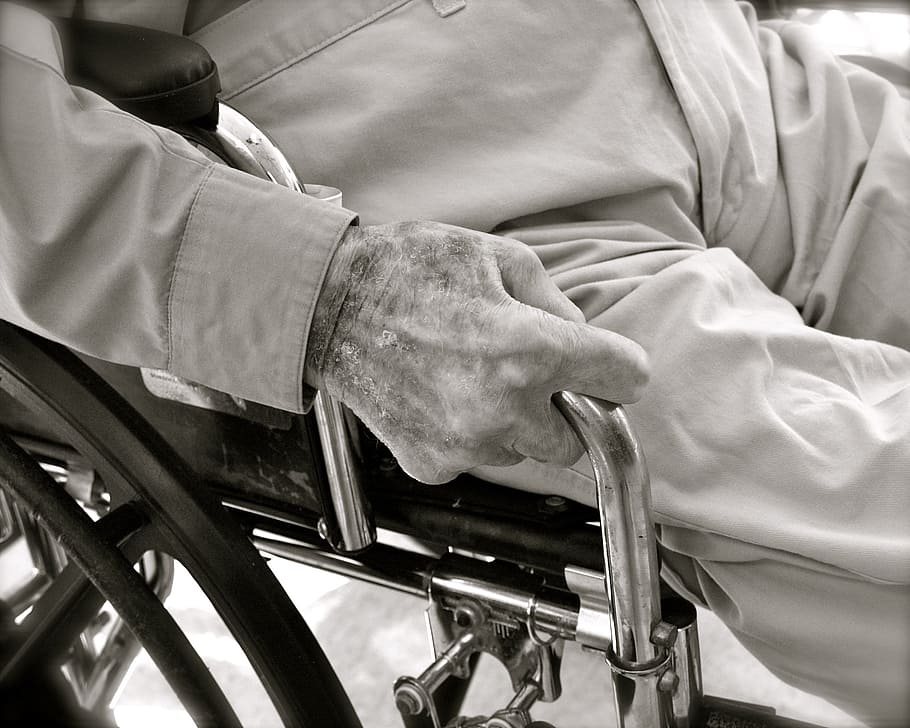 grayscale photo of person seating on wheelchair, Elderly, Senior, HD wallpaper