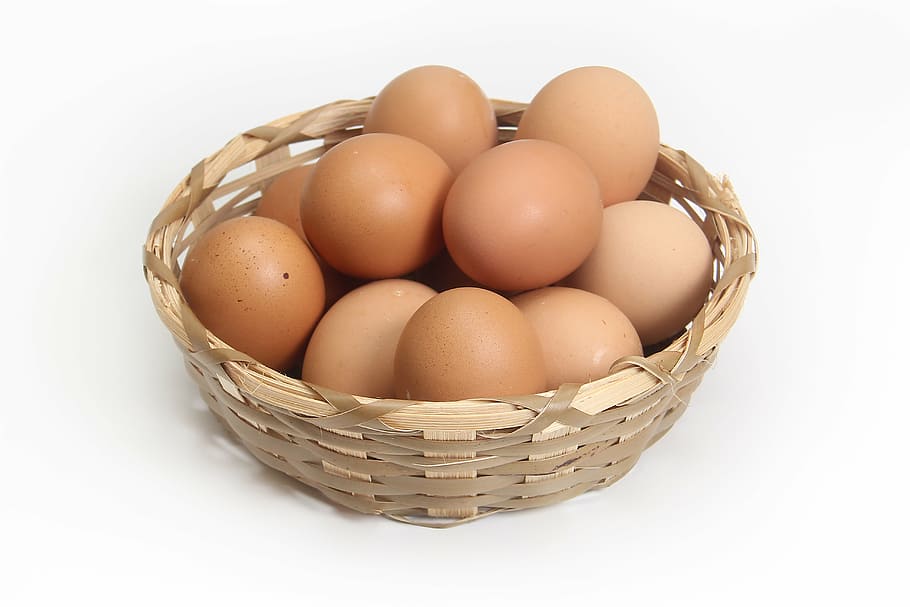 brown egg lot on beige wicker basket, food, kitchen, animal Egg