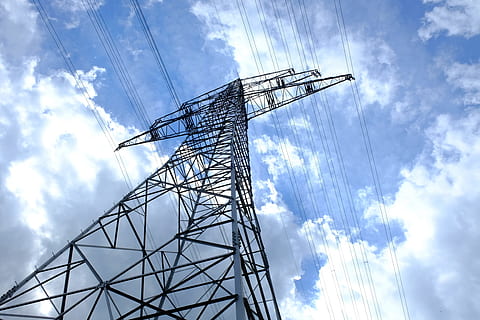 black and gray electric post under blue skies, pylon, current HD wallpaper