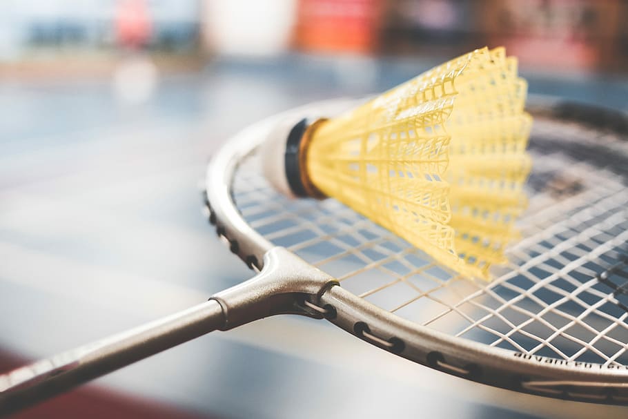 Badminton Racket and Yellow Shuttlecock Close Up, active, fit