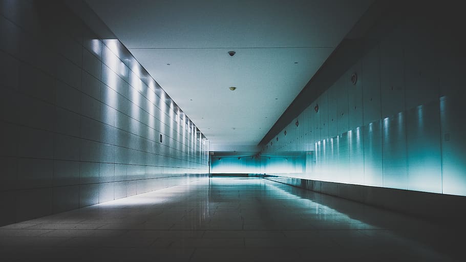 blue light on hallway, white tile hallway, Space, wall, floor HD wallpaper
