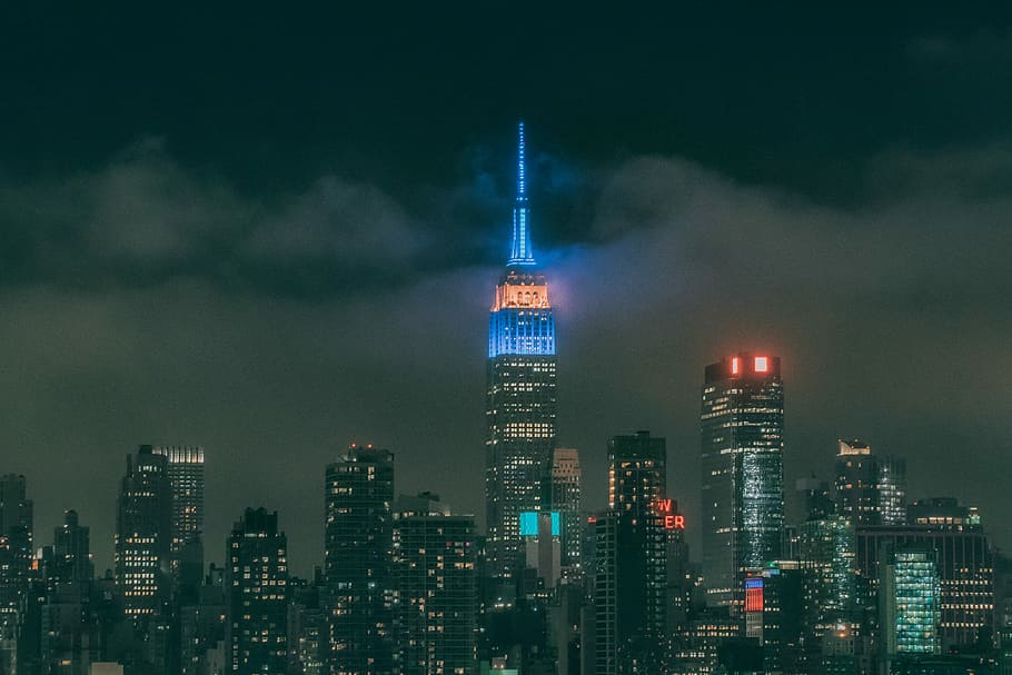 night cityscape building, city light buildings during night time HD wallpaper