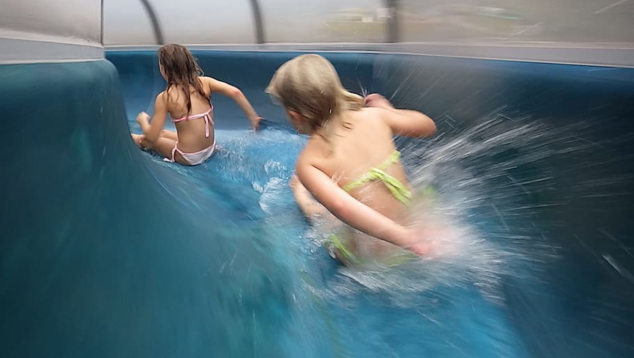 two girls in slide, Fun, Water Slide, Children, water fun, swimming Pool