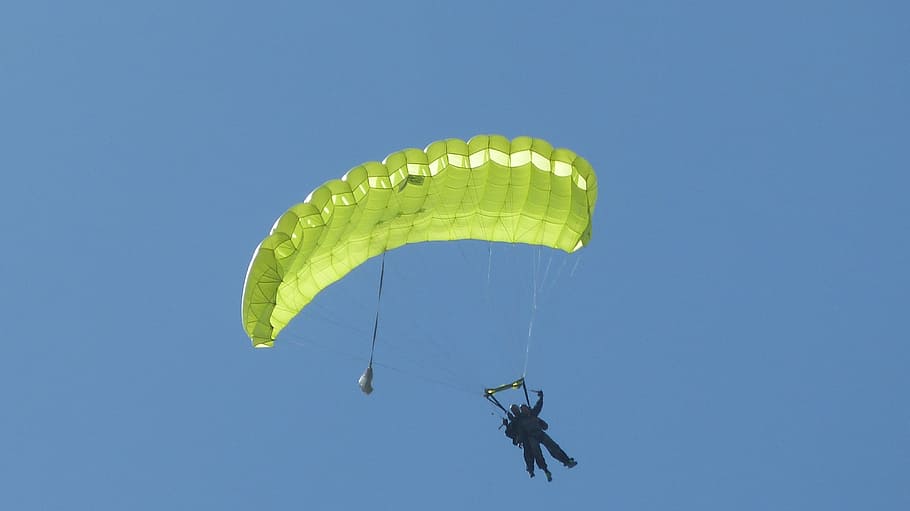 parachute, parachutist, sky, float, fly, yellow, skydiving HD wallpaper