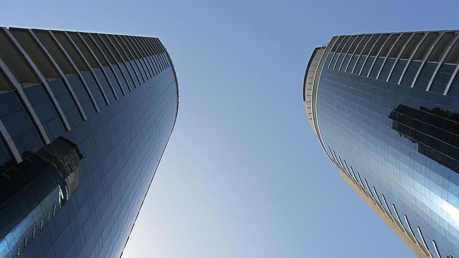 two high-rise buildings, sky, blue sky, skyscraper, dubai, architecture HD wallpaper
