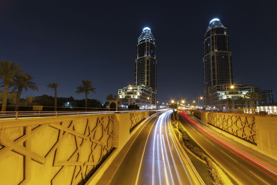 the pearl, doha, qatar, roads, lights, traffic, buildings, architecture