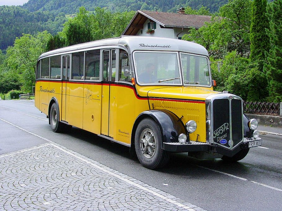 service bus, oldtimer, auto, dare, yellow, transportation, mode of transportation HD wallpaper