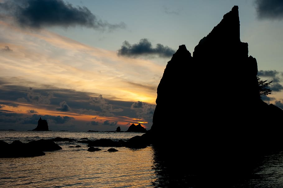 sea stack, washington coast, pacific, rock, sunset, sky, water HD wallpaper
