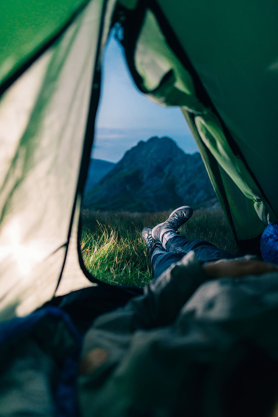person lying in text, person lying inside tent, camping, green HD wallpaper