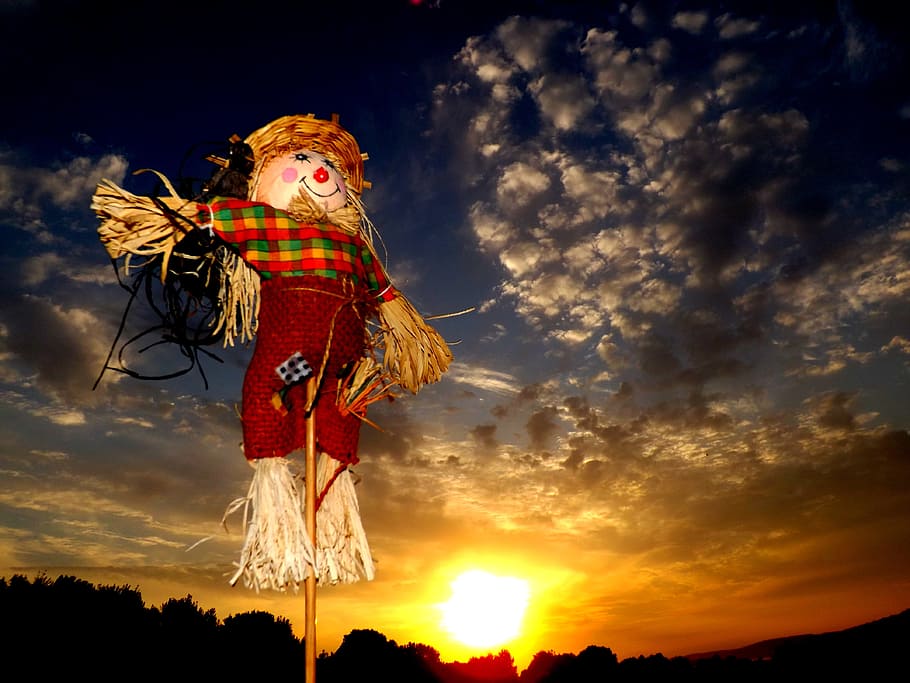 scarecrow, east, cloud, sky, straw, red, sunset, cloud - sky HD wallpaper