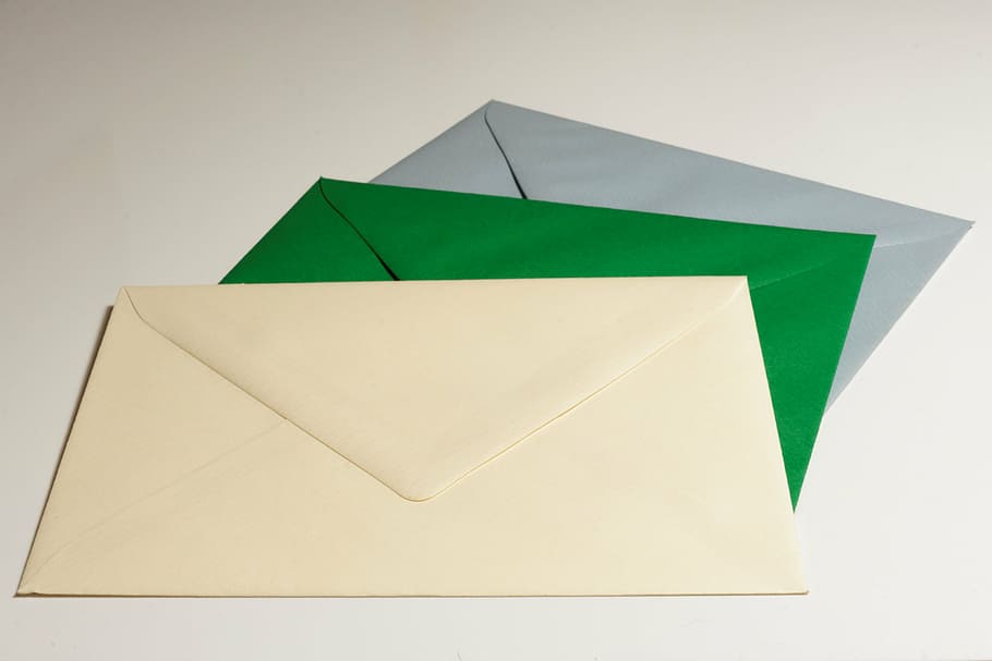 three blue, green, and white letters, envelope, post, paper, message, HD wallpaper