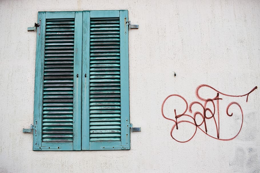 shut teal wooden window at daytime, red wall print near blue louver window door HD wallpaper