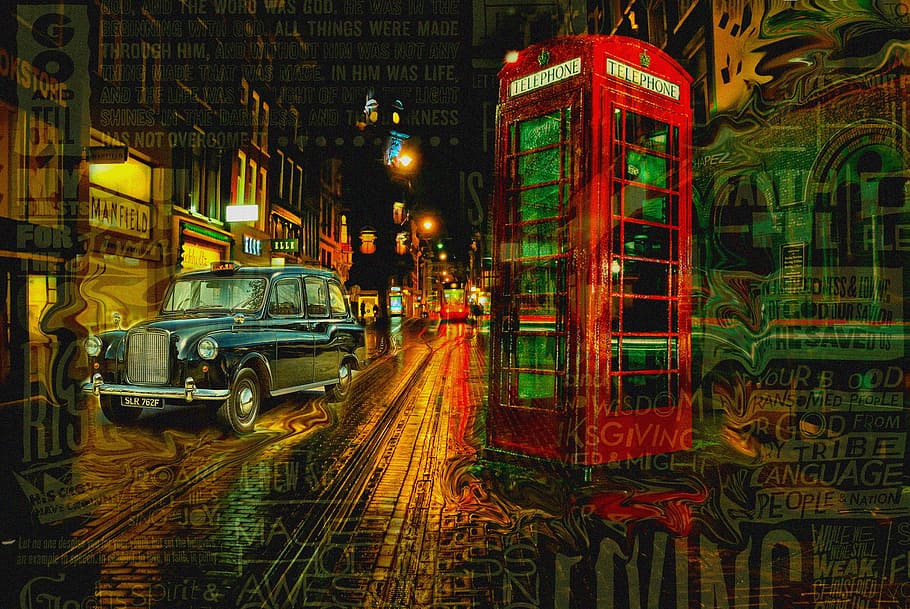 classic blue car beside red telephone booth, england, evening HD wallpaper