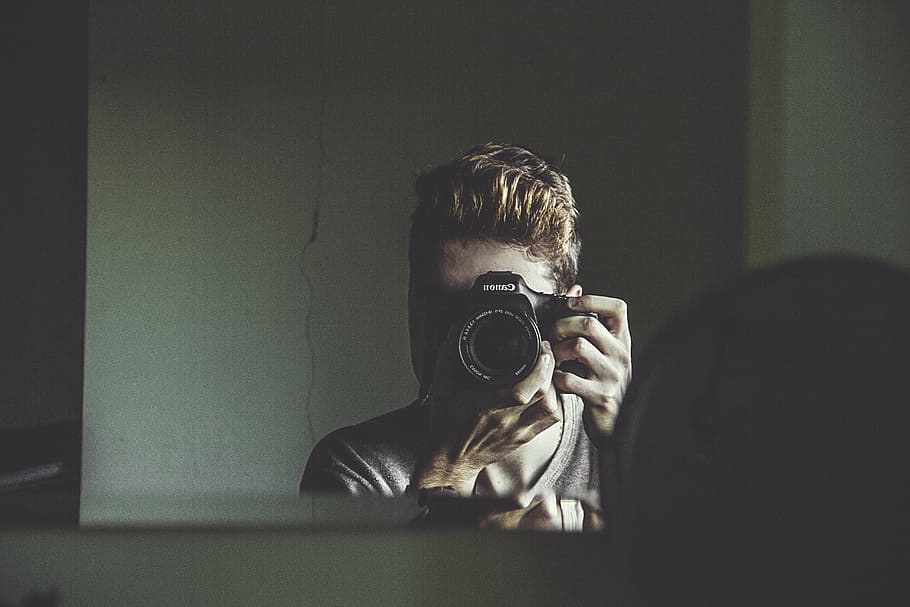 man taking photo of mirror, camera, one person, headshot, indoors HD wallpaper