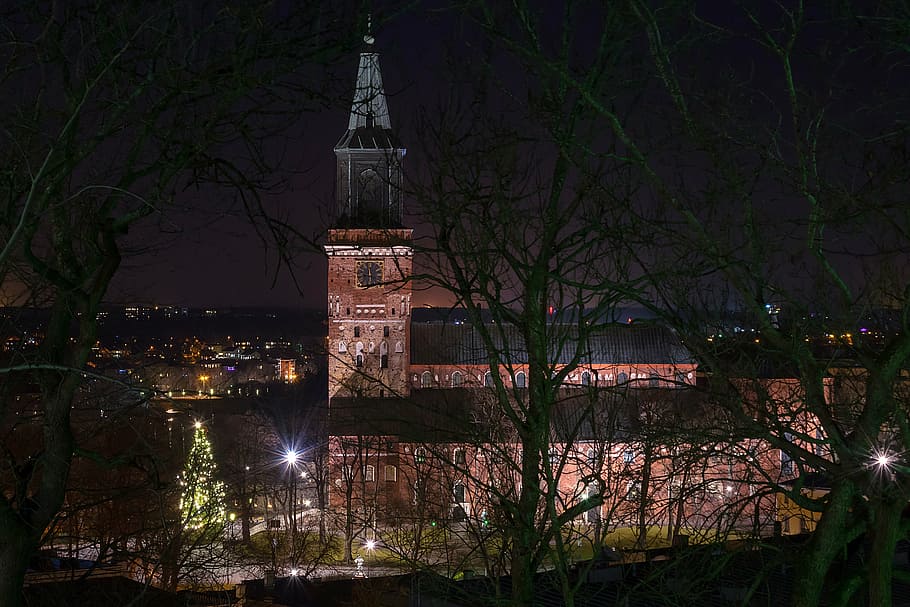 church, night, six, lights, cathedral, turku, turku cathedral, HD wallpaper