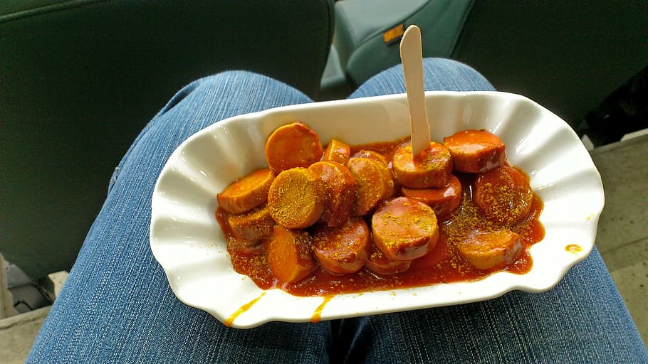 street food with sauce, currywurst, snack, break, porcelain, typical german