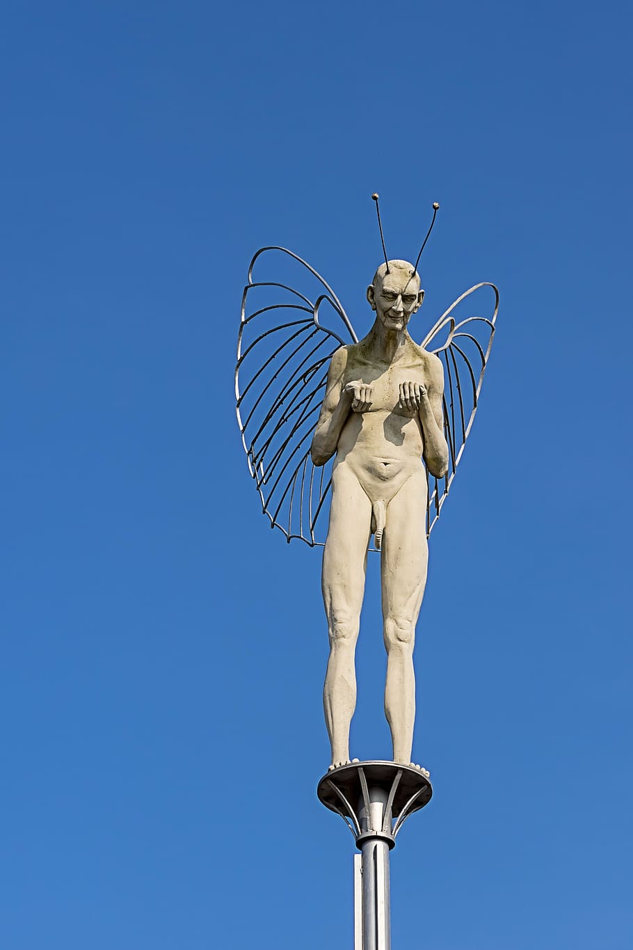 angel, devil, dear, duality, equality, sky, blue, statue, raised HD wallpaper
