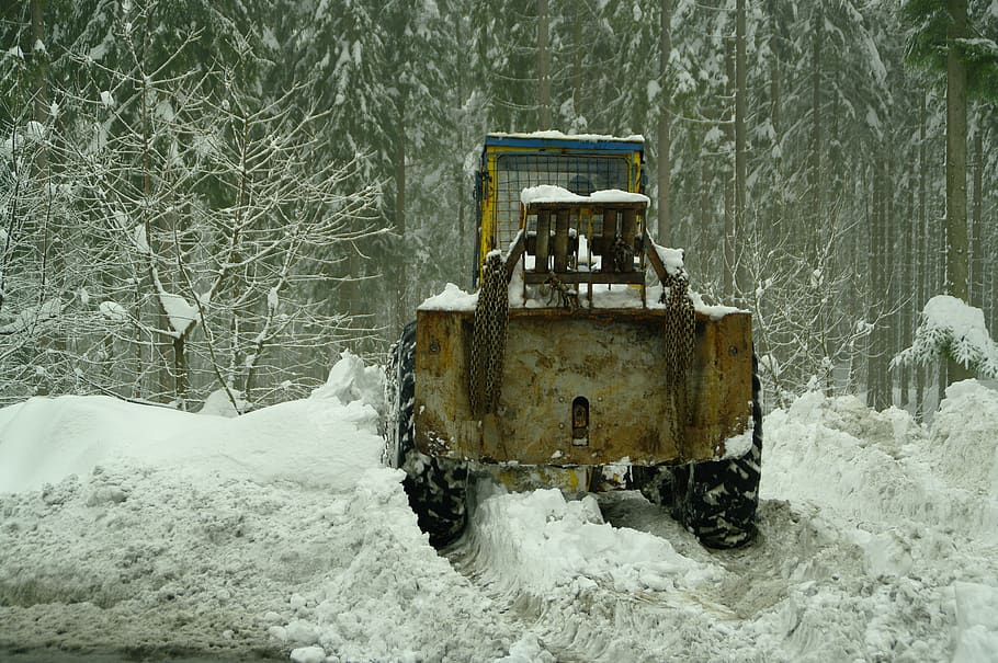 tractor, winter, snow, cold temperature, nature, mode of transportation HD wallpaper
