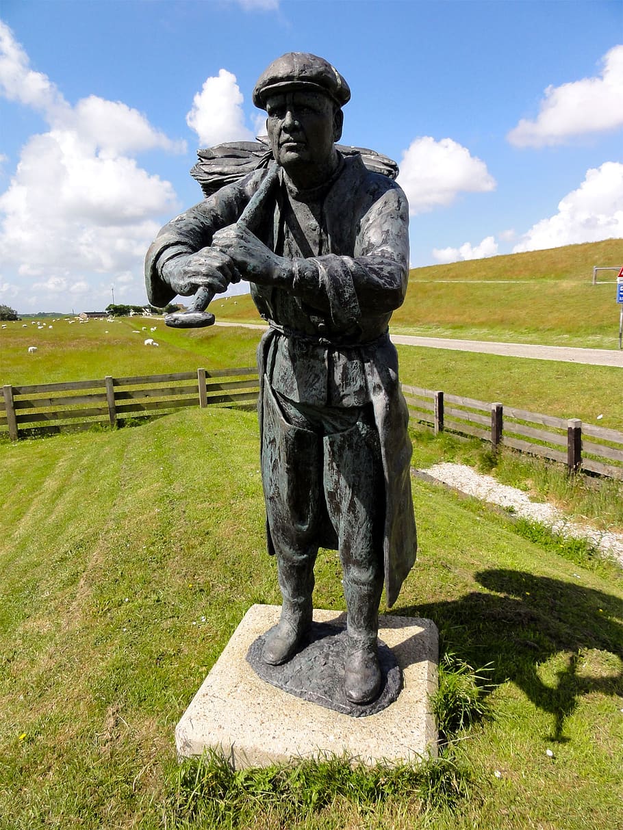 netherlands, statue, monument, worker, landscape, fields, sky HD wallpaper