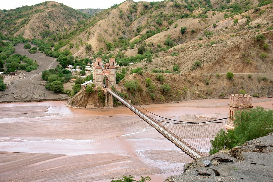 bridge, river, village, rustic, old, landscape, bolivia, strong HD wallpaper