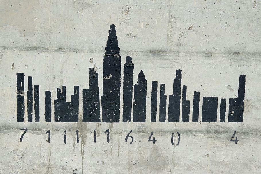 barcode, grafitti, skyline, building outline, number, architecture HD wallpaper