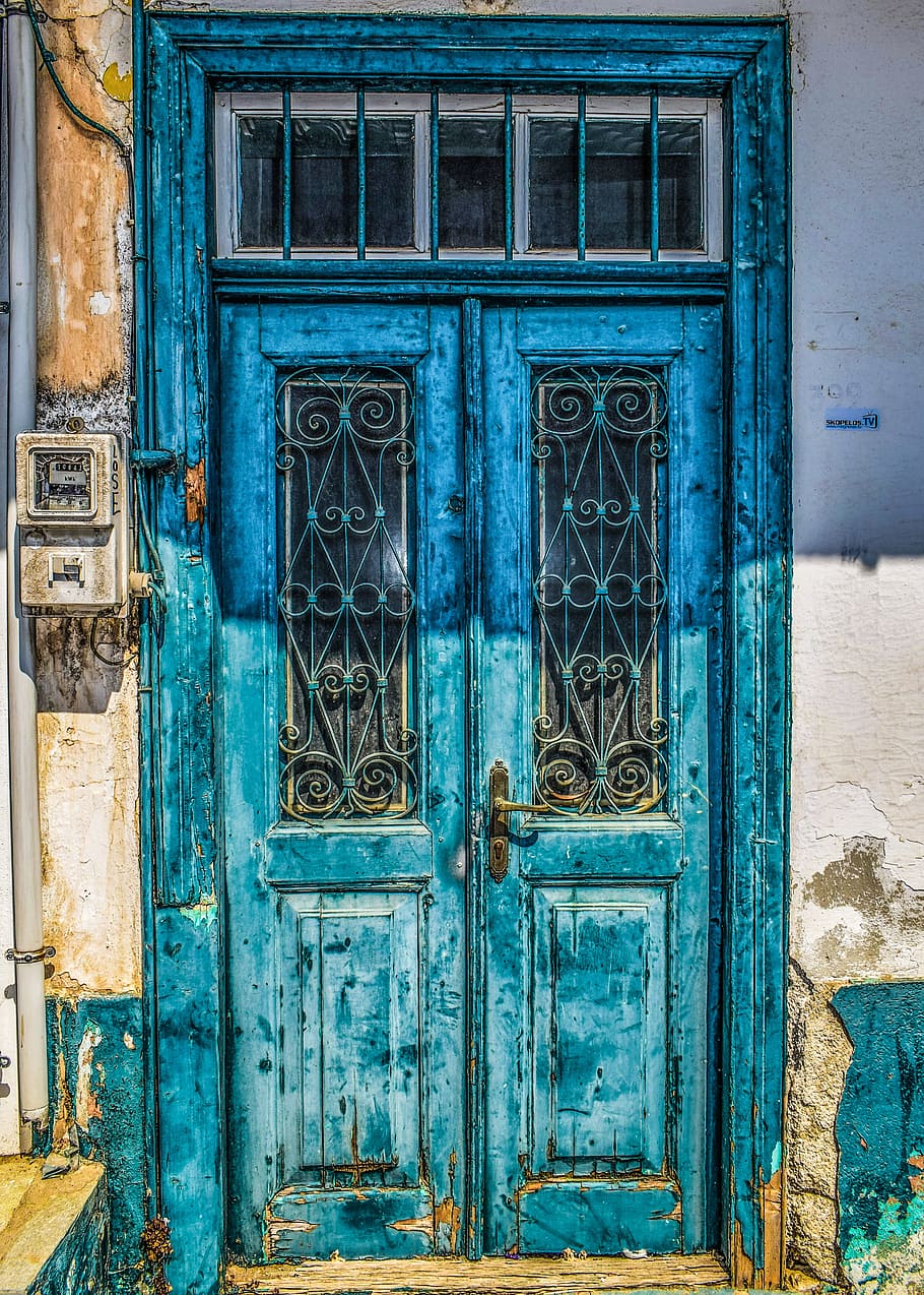 blue wooden door, old, aged, weathered, decay, entrance, house
