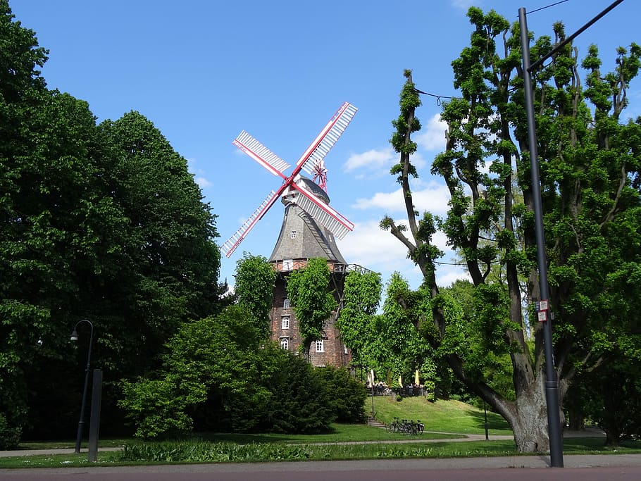 Windmill, Germany, Bremen, alternative energy, tree, environmental conservation HD wallpaper