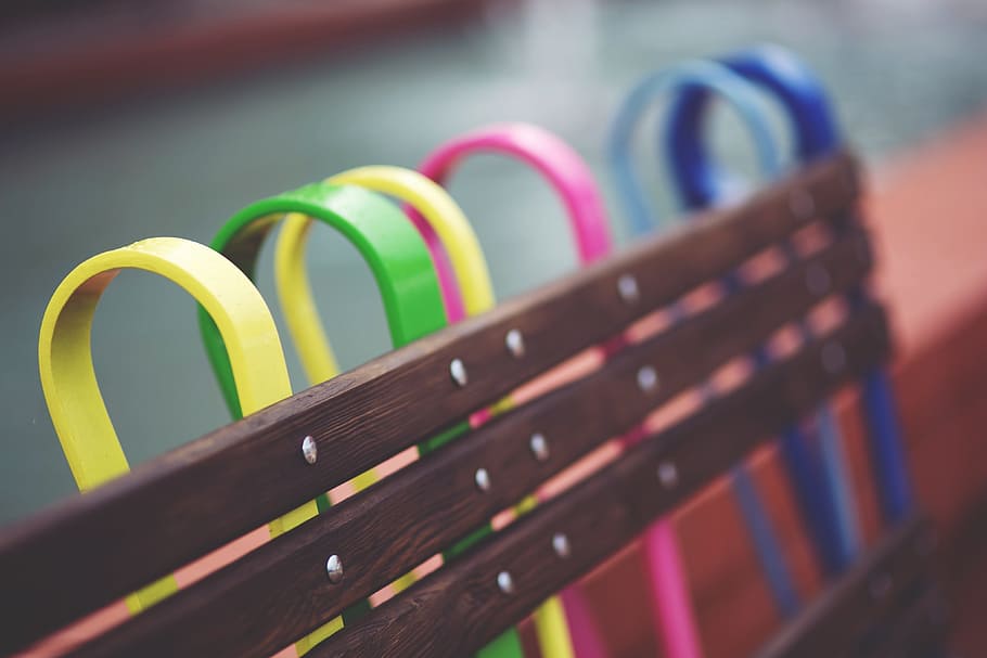 bench, colors, colorful, design, closeup, multi colored, selective focus HD wallpaper